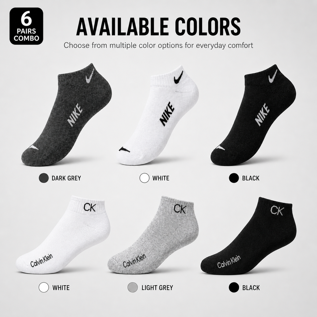 Nike + Calvin Klein 6 Pairs Ankle Socks Combo – Everyday Comfort & Style (Black, Grey, White)