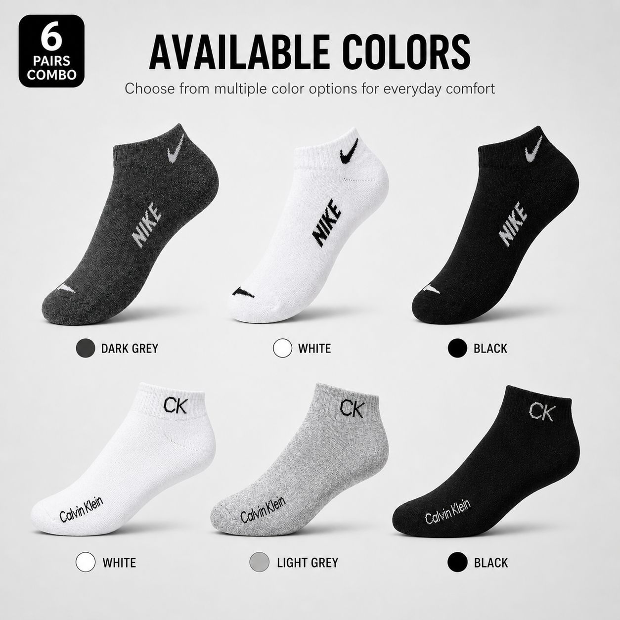 Nike + Calvin Klein 6 Pairs Ankle Socks Combo – Everyday Comfort & Style (Black, Grey, White)