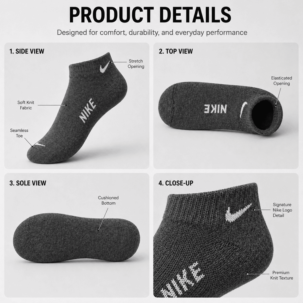 Nike 3 Pair Ankle Socks – Everyday Comfort (Dark Grey, White, Black)