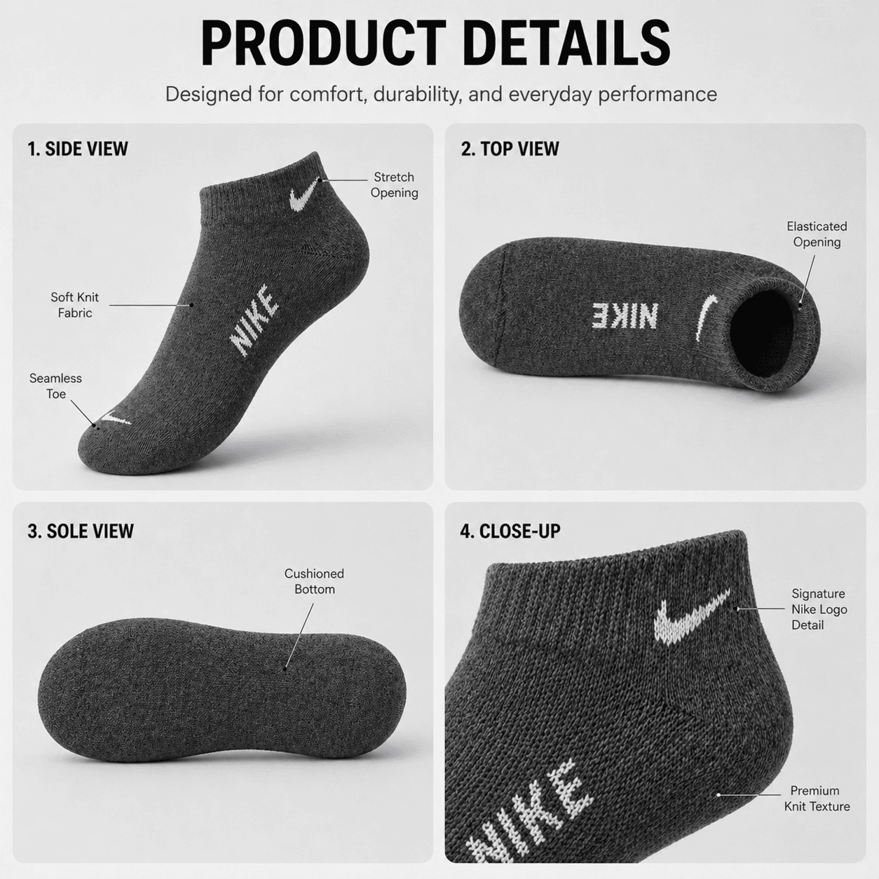 Nike 3 Pair Ankle Socks – Everyday Comfort (Dark Grey, White, Black)