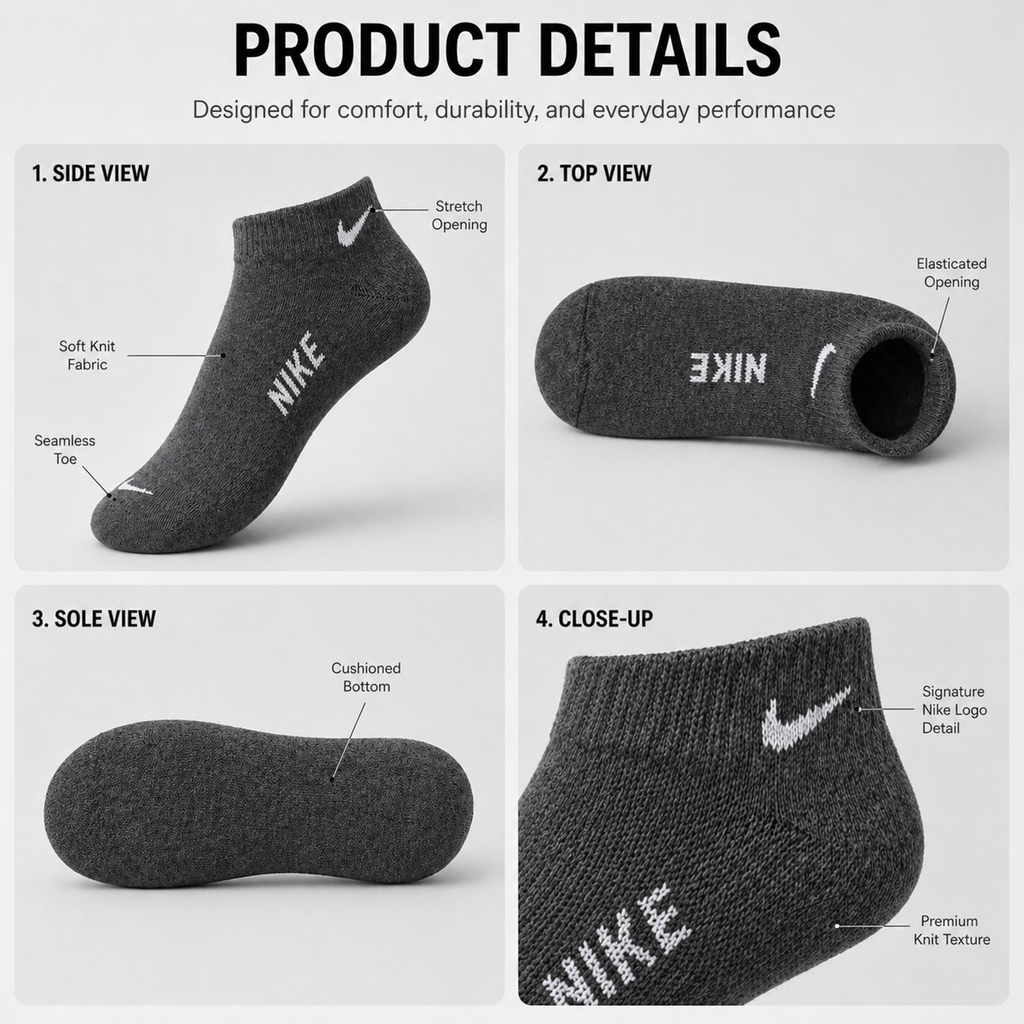 Nike + Calvin Klein 6 Pairs Ankle Socks Combo – Everyday Comfort & Style (Black, Grey, White)