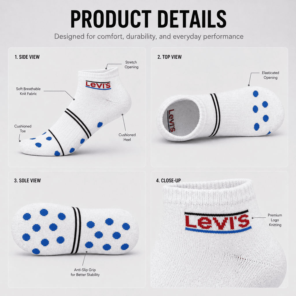 Levi's 3 Pair Ankle Socks – Everyday Comfort (White, Grey, Black)