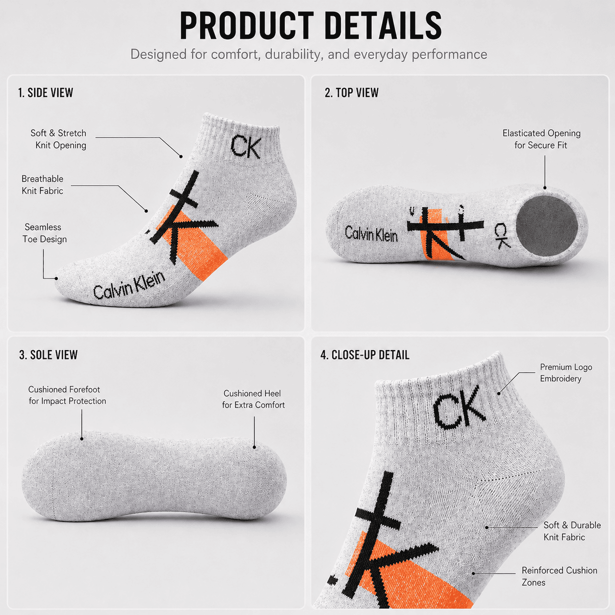 Calvin Klein 3 Pair Ankle Socks – Everyday Comfort (Light Grey, Dark Grey, Black)