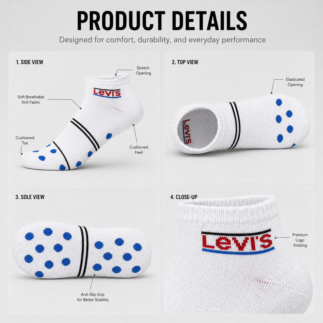 Jockey + Levi’s 6 Pairs Ankle Socks Combo – Everyday Comfort & Style (Black, Grey, White)