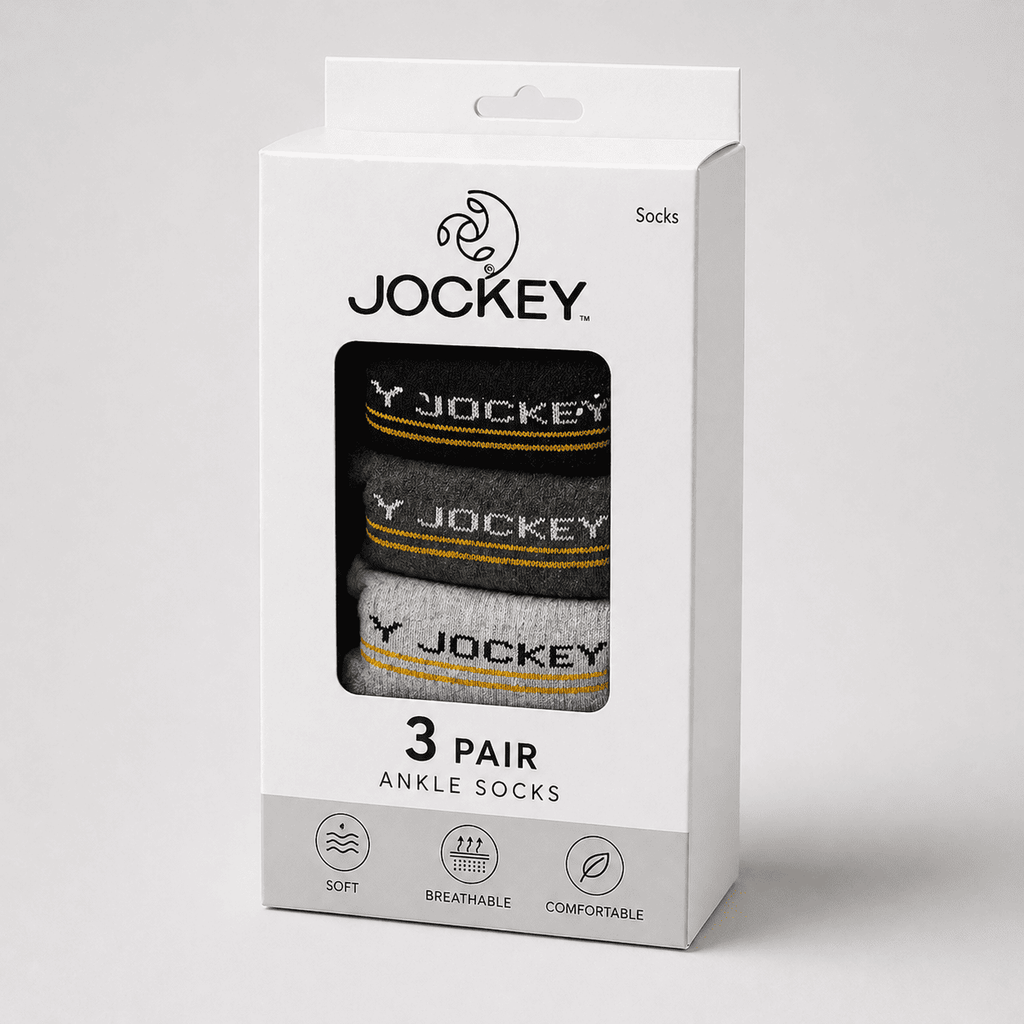 Jockey 3 Pair Ankle Socks – Everyday Comfort (Black, Dark Grey, Light Grey)