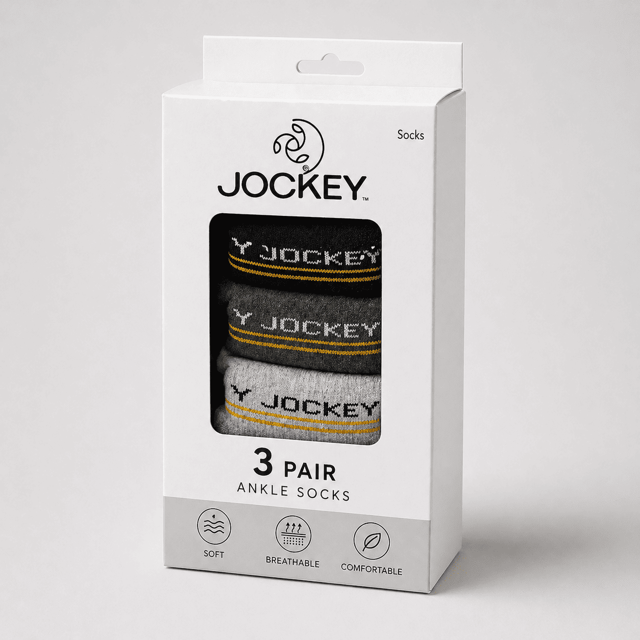 Jockey 3 Pair Ankle Socks – Everyday Comfort (Black, Dark Grey, Light Grey)