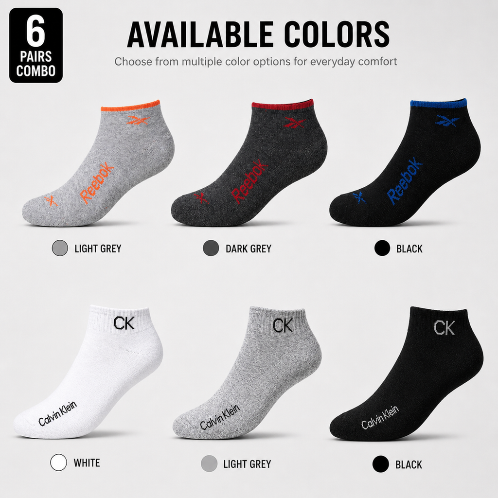 Reebok + Calvin Klein 6 Pairs Ankle Socks Combo – Everyday Comfort & Style (Black, Grey, White)