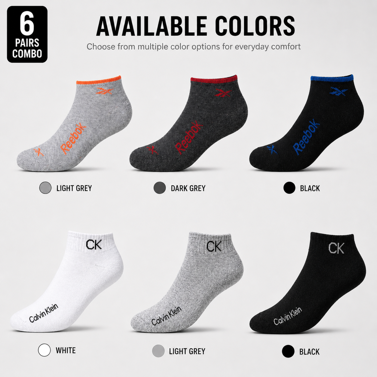 Reebok + Calvin Klein 6 Pairs Ankle Socks Combo – Everyday Comfort & Style (Black, Grey, White)