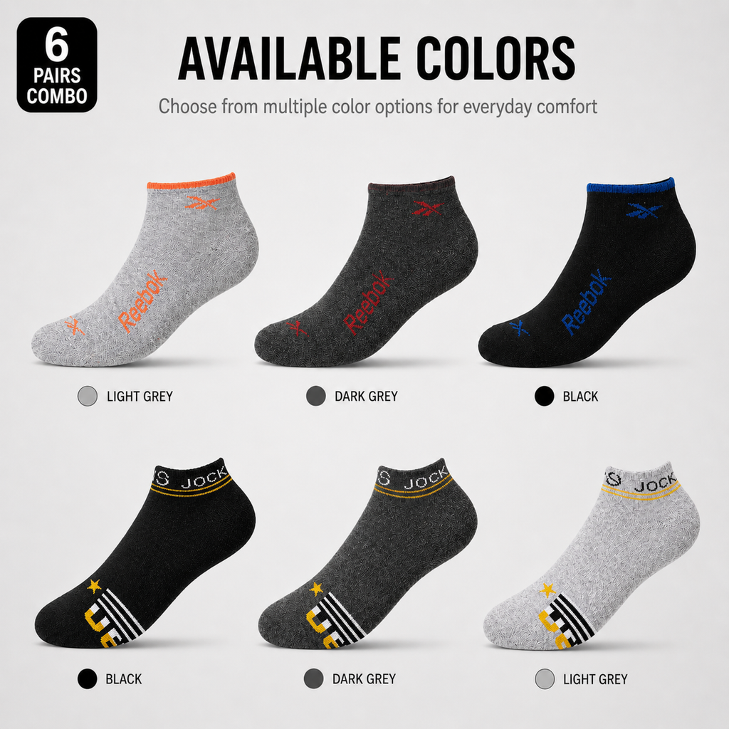Reebok + Jockey 6 Pairs Ankle Socks Combo – Everyday Comfort & Style (Black, Grey, Light Grey)