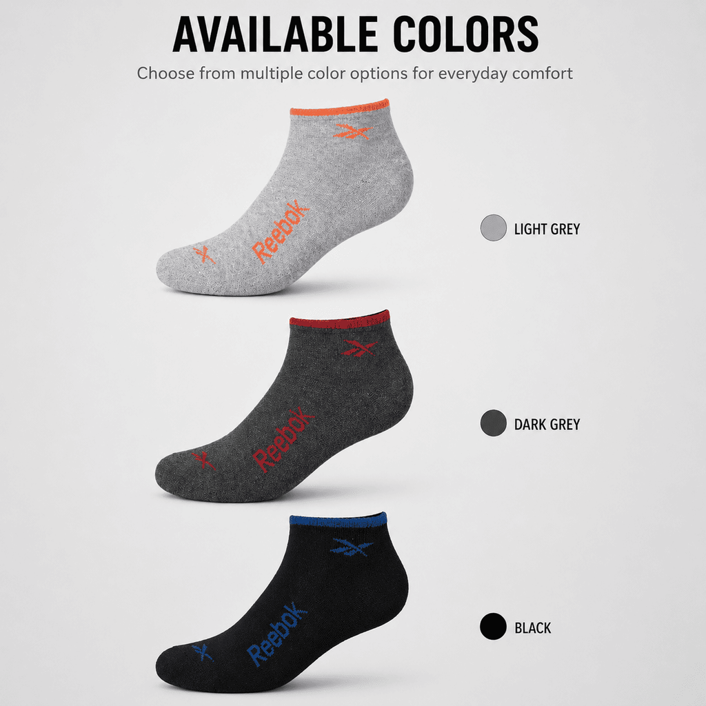 Reebok 3 Pair Ankle Socks – Everyday Comfort (Light Grey, Dark Grey, Black)