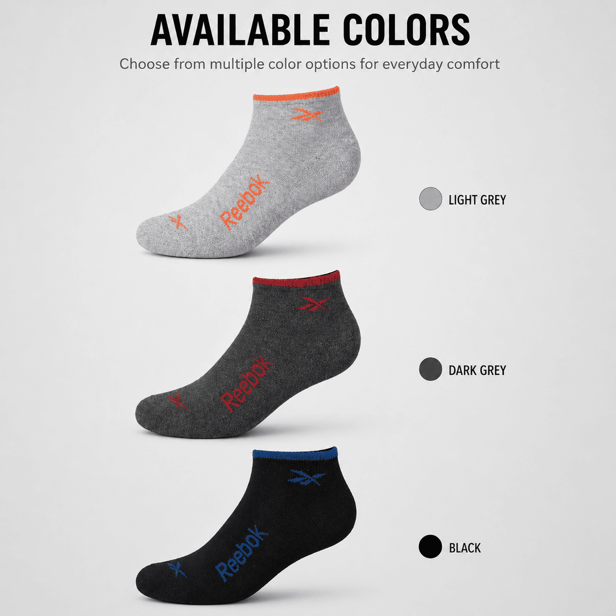 Reebok 3 Pair Ankle Socks – Everyday Comfort (Light Grey, Dark Grey, Black)