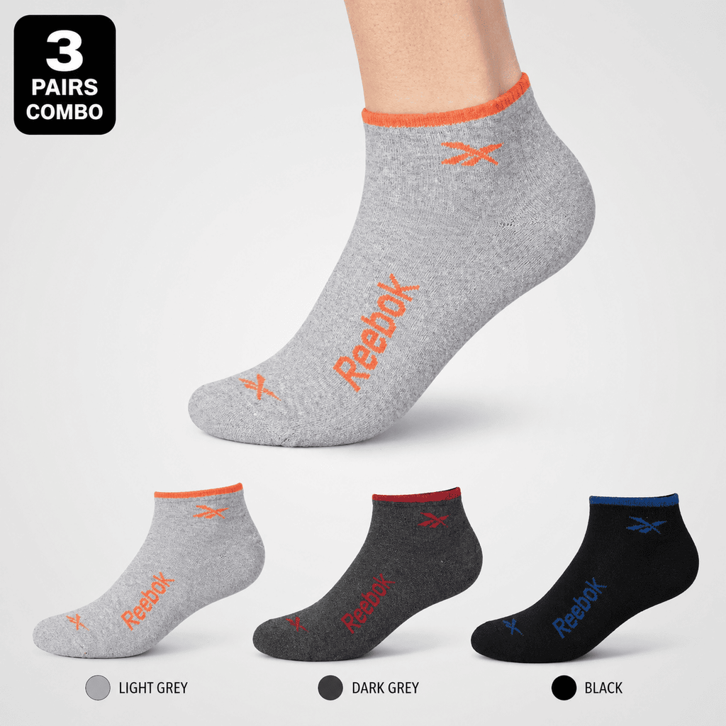 Reebok 3 Pair Ankle Socks – Everyday Comfort (Light Grey, Dark Grey, Black)