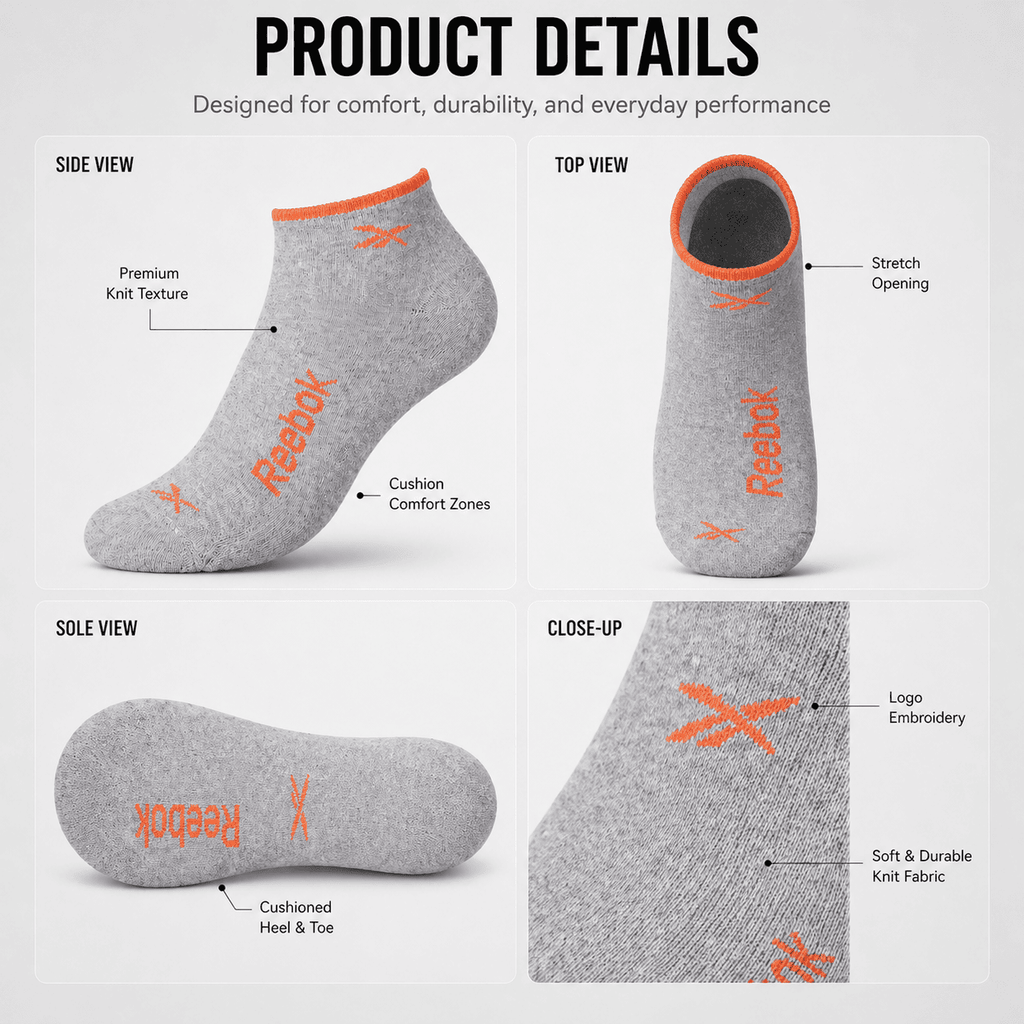 Reebok 3 Pair Ankle Socks – Everyday Comfort (Light Grey, Dark Grey, Black)
