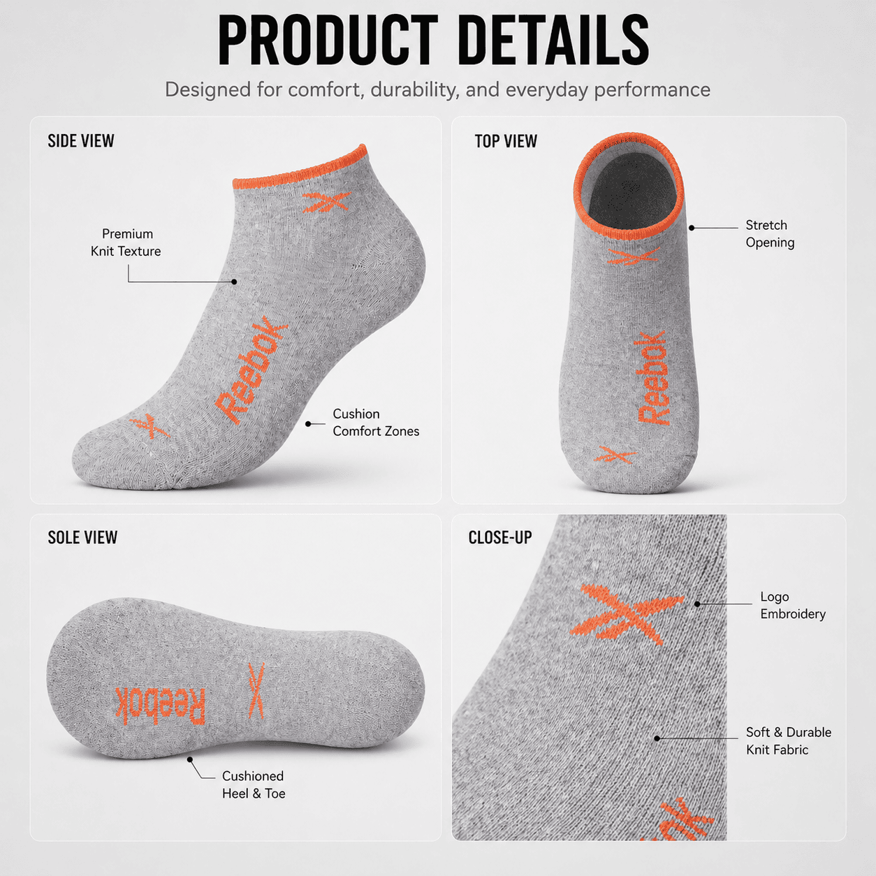 Reebok 3 Pair Ankle Socks – Everyday Comfort (Light Grey, Dark Grey, Black)