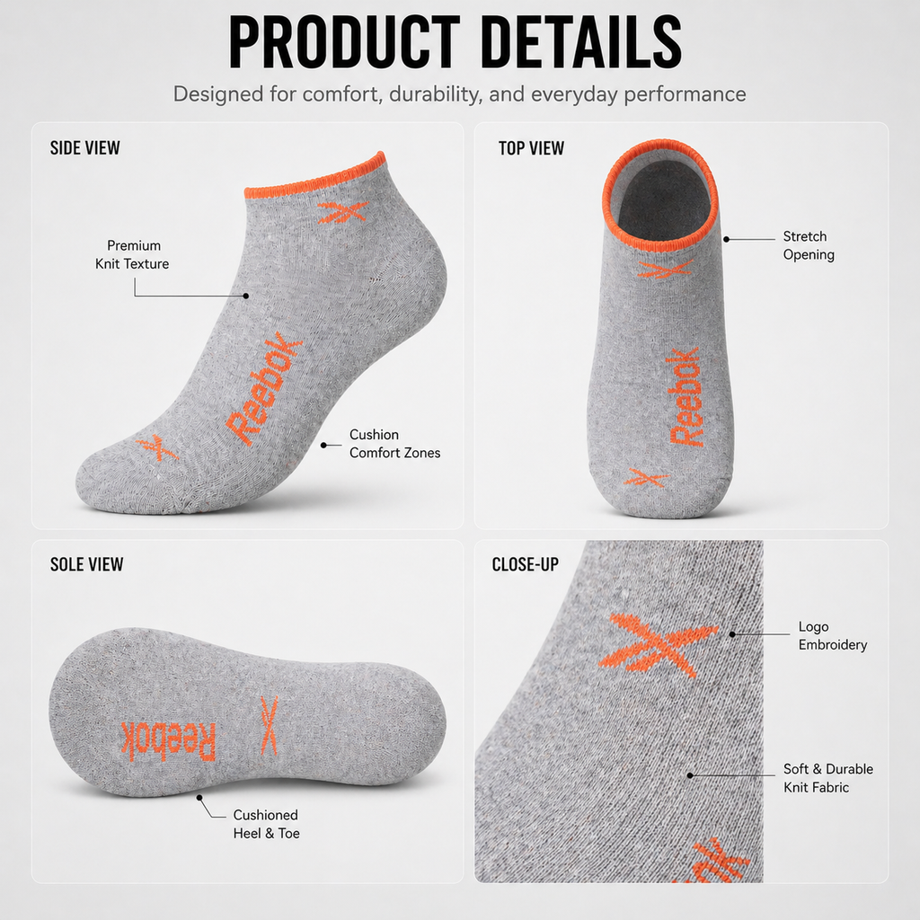 Tommy Hilfiger + Reebok 6 Pairs Ankle Socks Combo – Everyday Comfort & Style (Black, Grey, White)