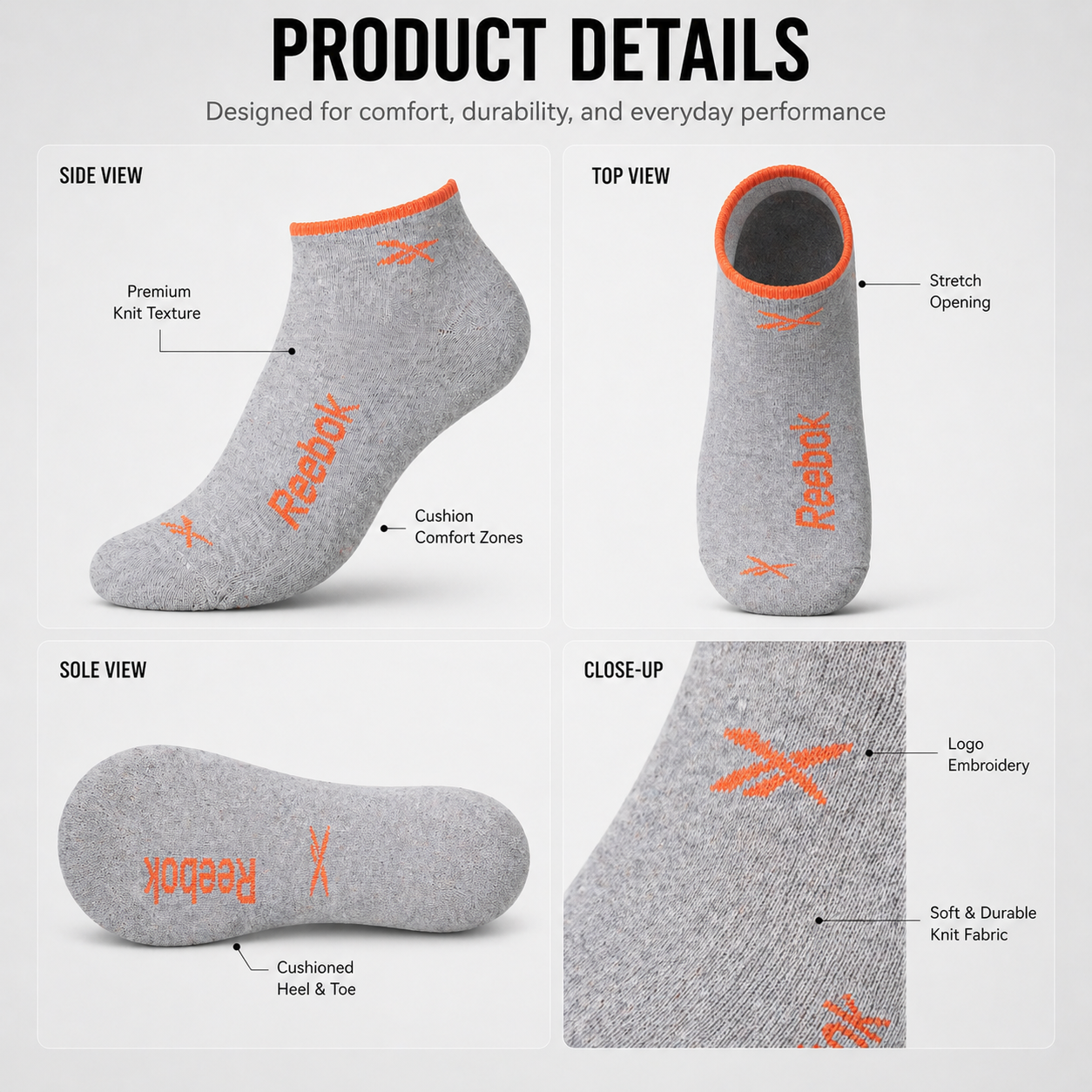 Tommy Hilfiger + Reebok 6 Pairs Ankle Socks Combo – Everyday Comfort & Style (Black, Grey, White)