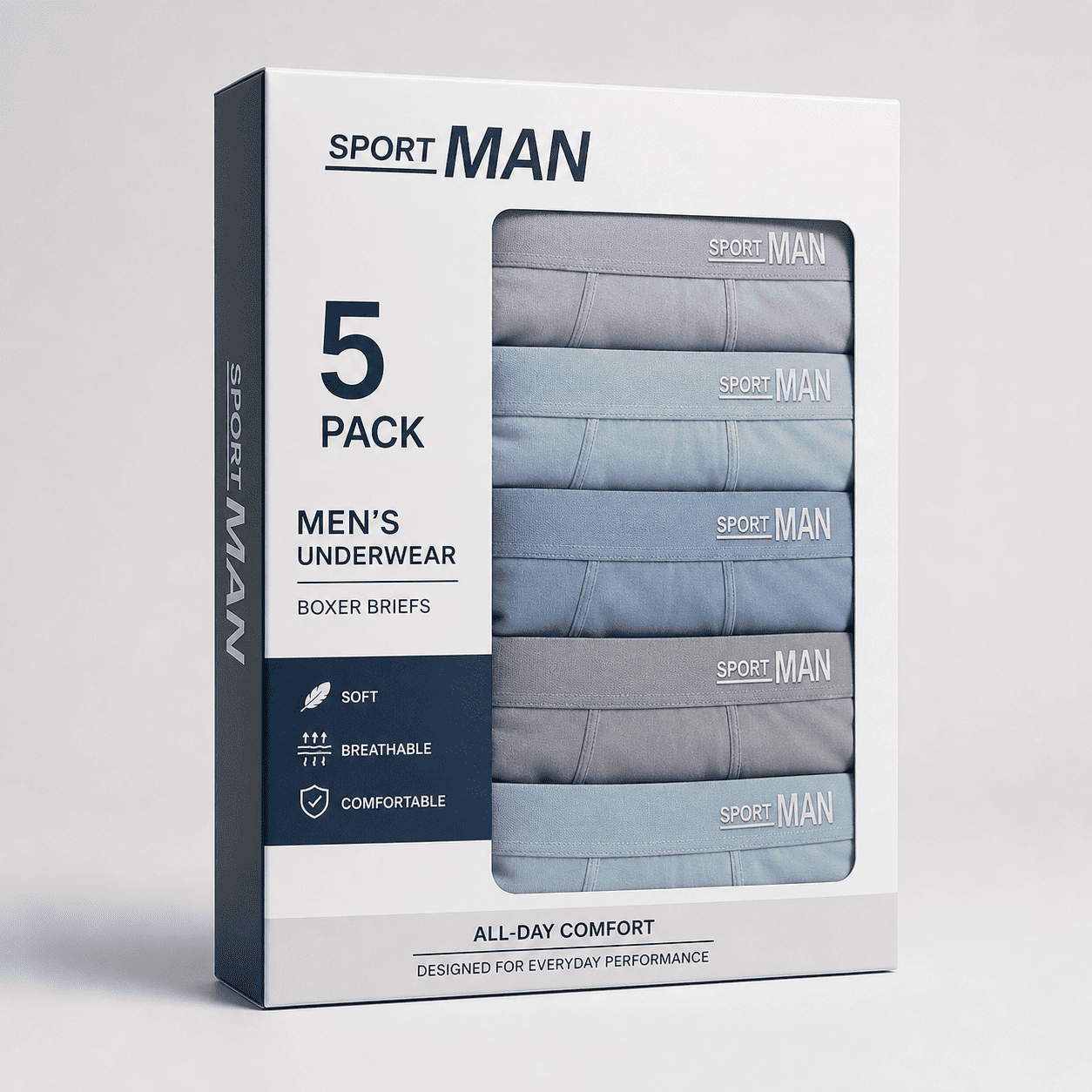 SPORT MAN 5 Pack Trunks – Comfortable Everyday Innerwear (Sky Blue, Ice Blue, Light Grey)