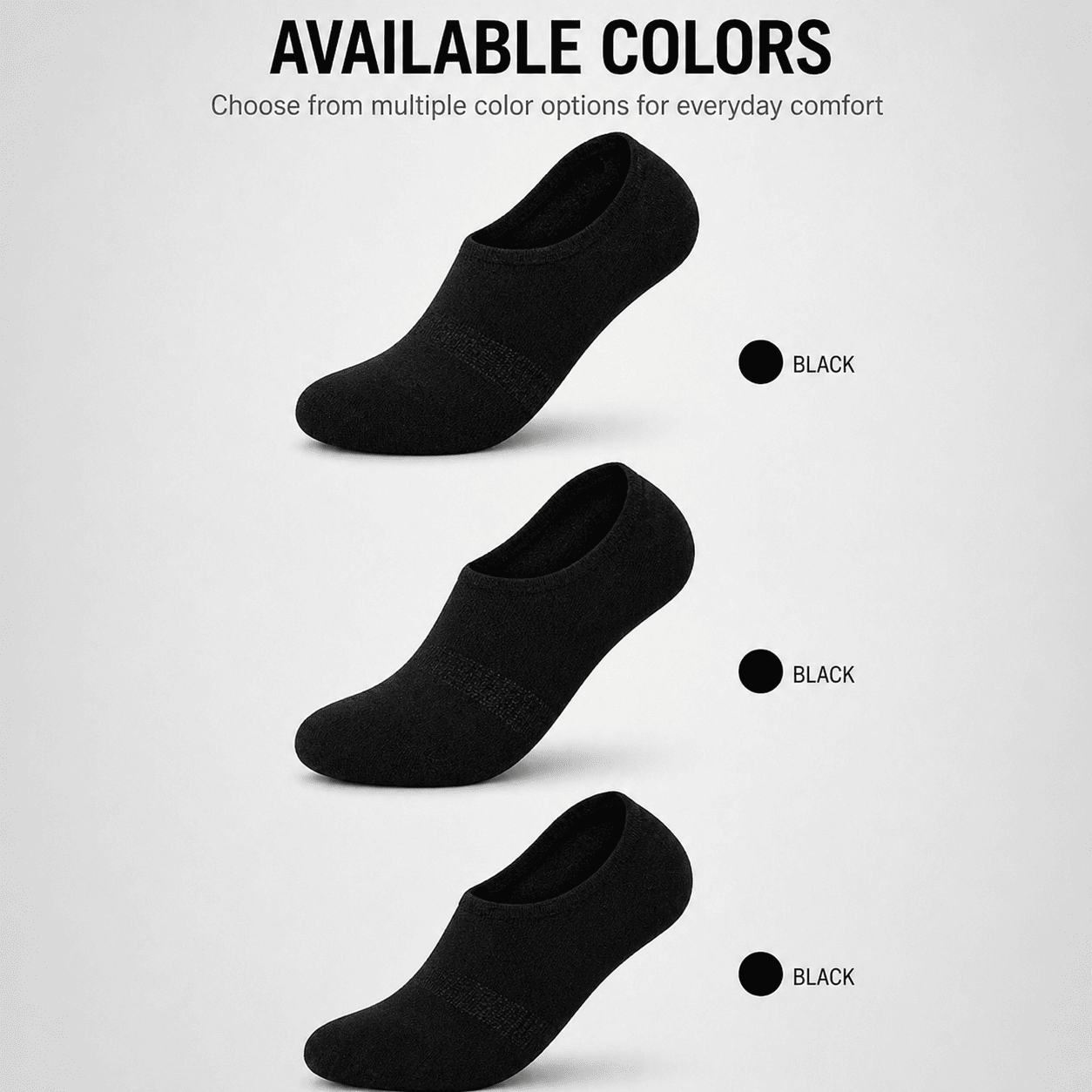 3 Pair No Show Socks – Everyday Comfort (Black)