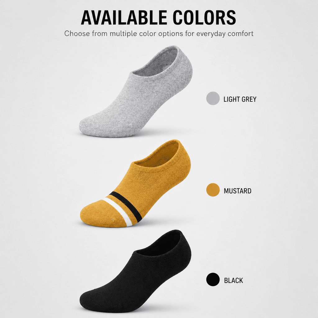 3 Pair No Show Socks – Everyday Comfort (Light Grey, Mustard, Black)