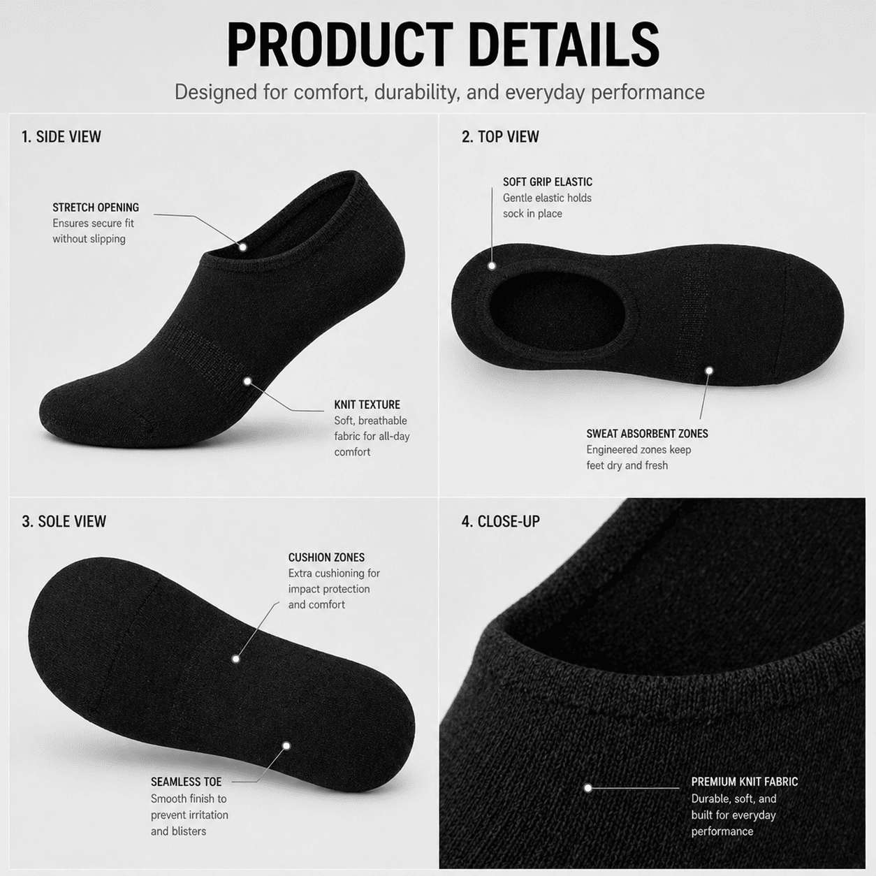 3 Pair No Show Socks – Everyday Comfort (Black)