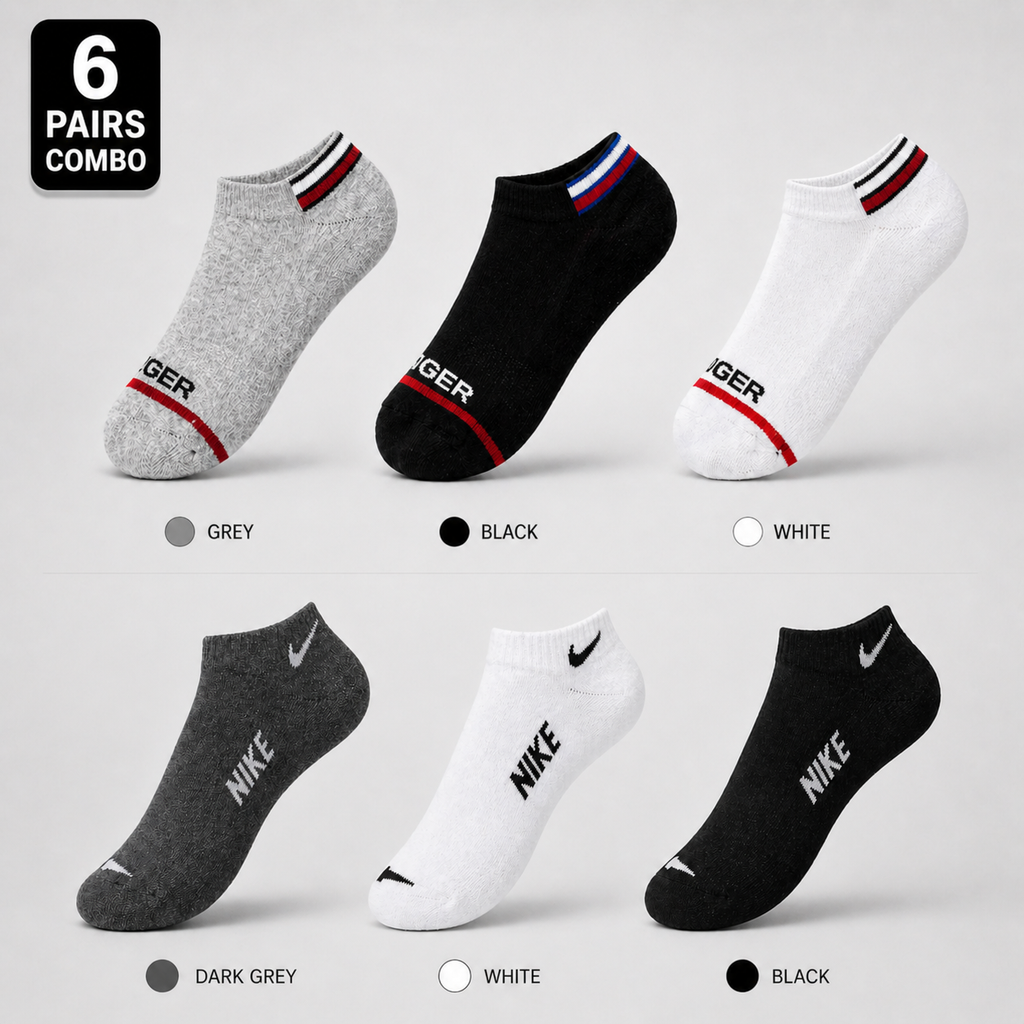 Tommy Hilfiger + Nike 6 Pairs Ankle Socks Combo – Everyday Comfort & Style (Black, White, Grey)