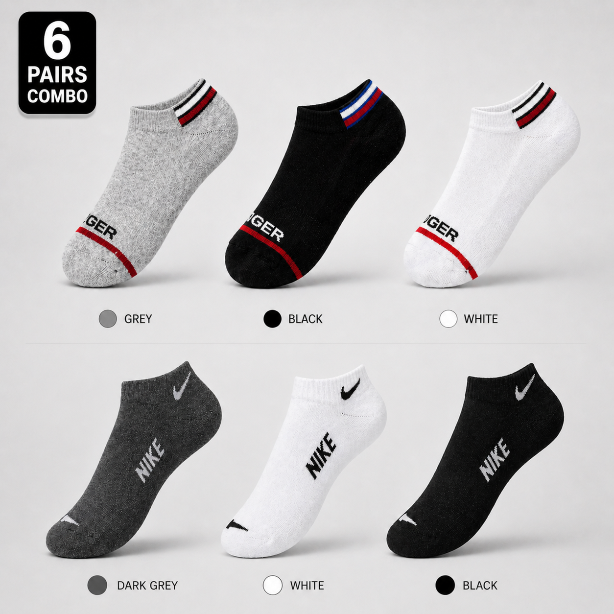 Tommy Hilfiger + Nike 6 Pairs Ankle Socks Combo – Everyday Comfort & Style (Black, White, Grey)