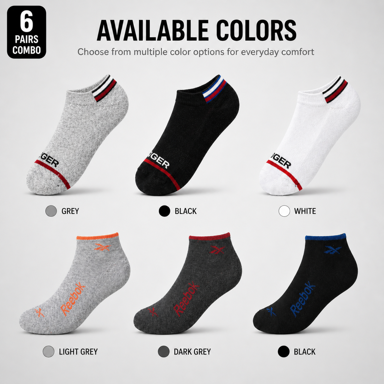 Tommy Hilfiger + Reebok 6 Pairs Ankle Socks Combo – Everyday Comfort & Style (Black, Grey, White)