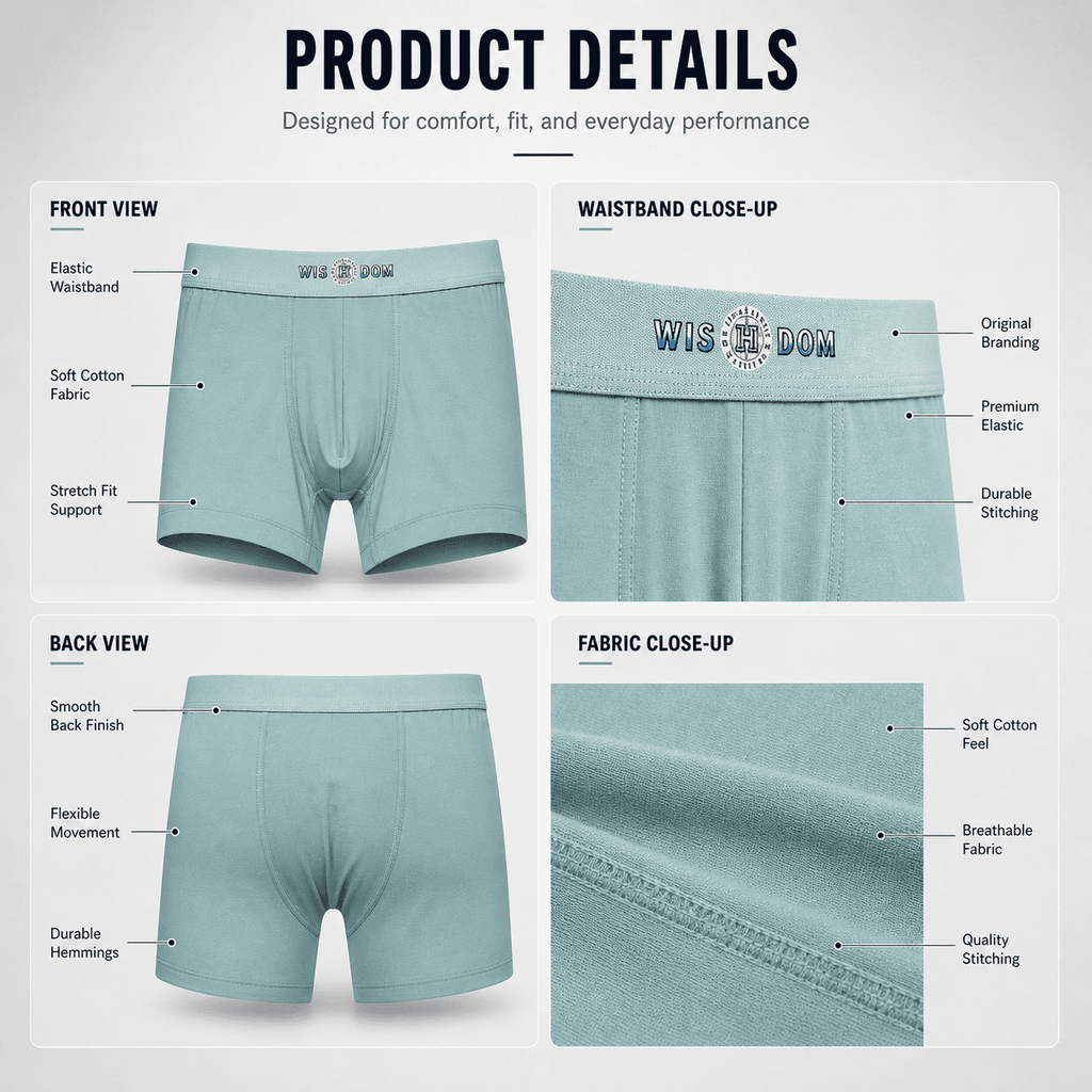 WISDOM Trunks – Comfortable Everyday Innerwear (Light Pink, Olive Green, Light Grey)