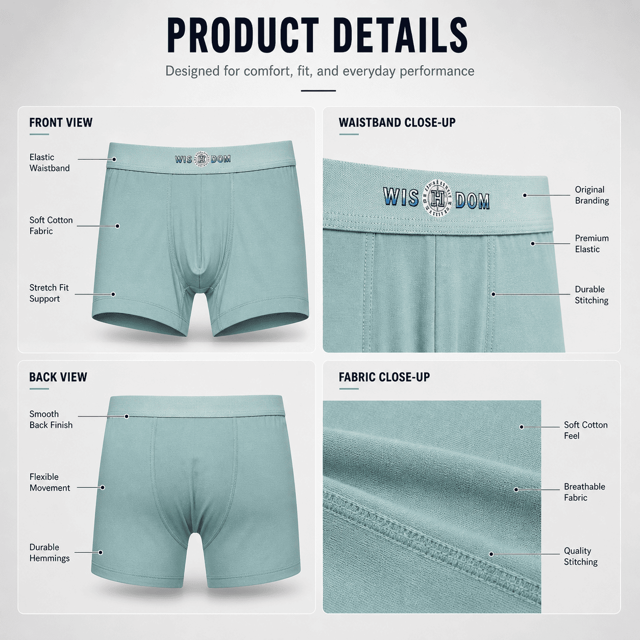 WISDOM Trunks – Comfortable Everyday Innerwear (Light Pink, Olive Green, Light Grey)