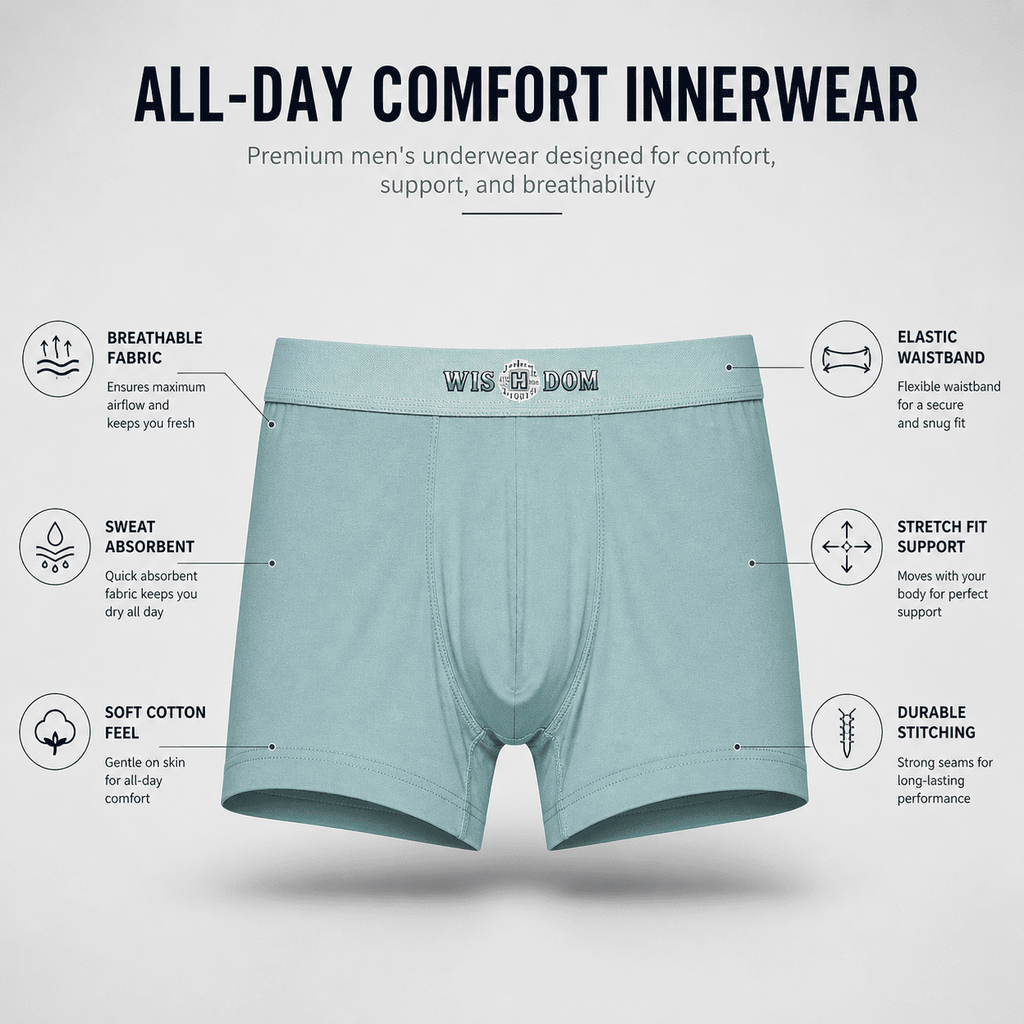 WISDOM Trunks – Comfortable Everyday Innerwear (Light Pink, Olive Green, Light Grey)