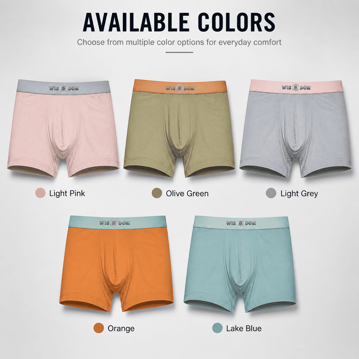 WISDOM Trunks – Comfortable Everyday Innerwear (Light Pink, Olive Green, Light Grey)